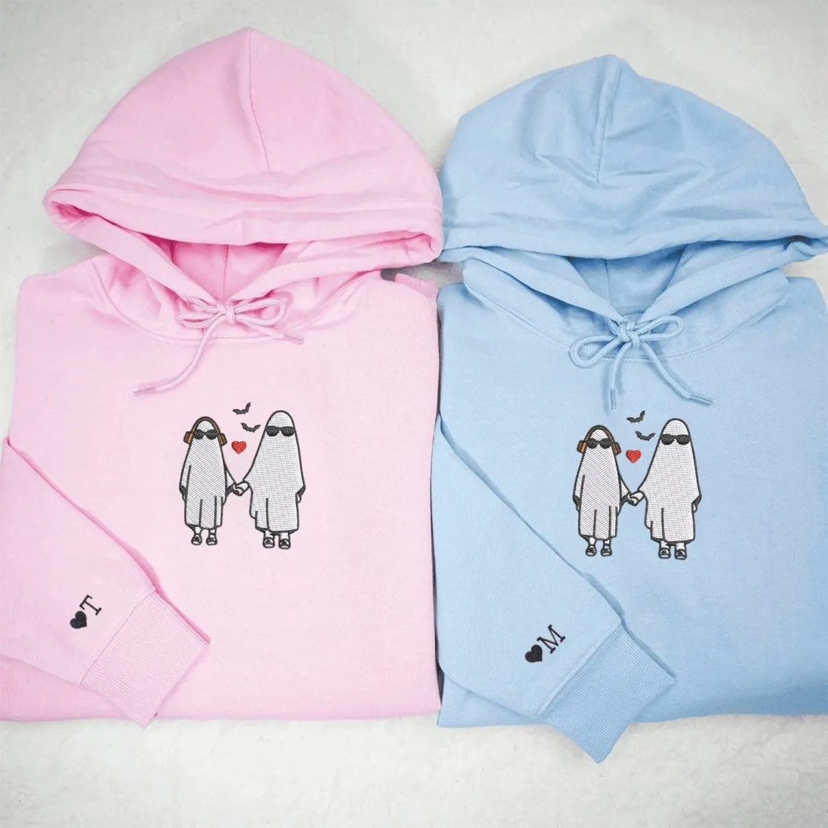 Adorable Ghost Couple Sweatshirts - Personalized Embroidered Hoodies For Couples