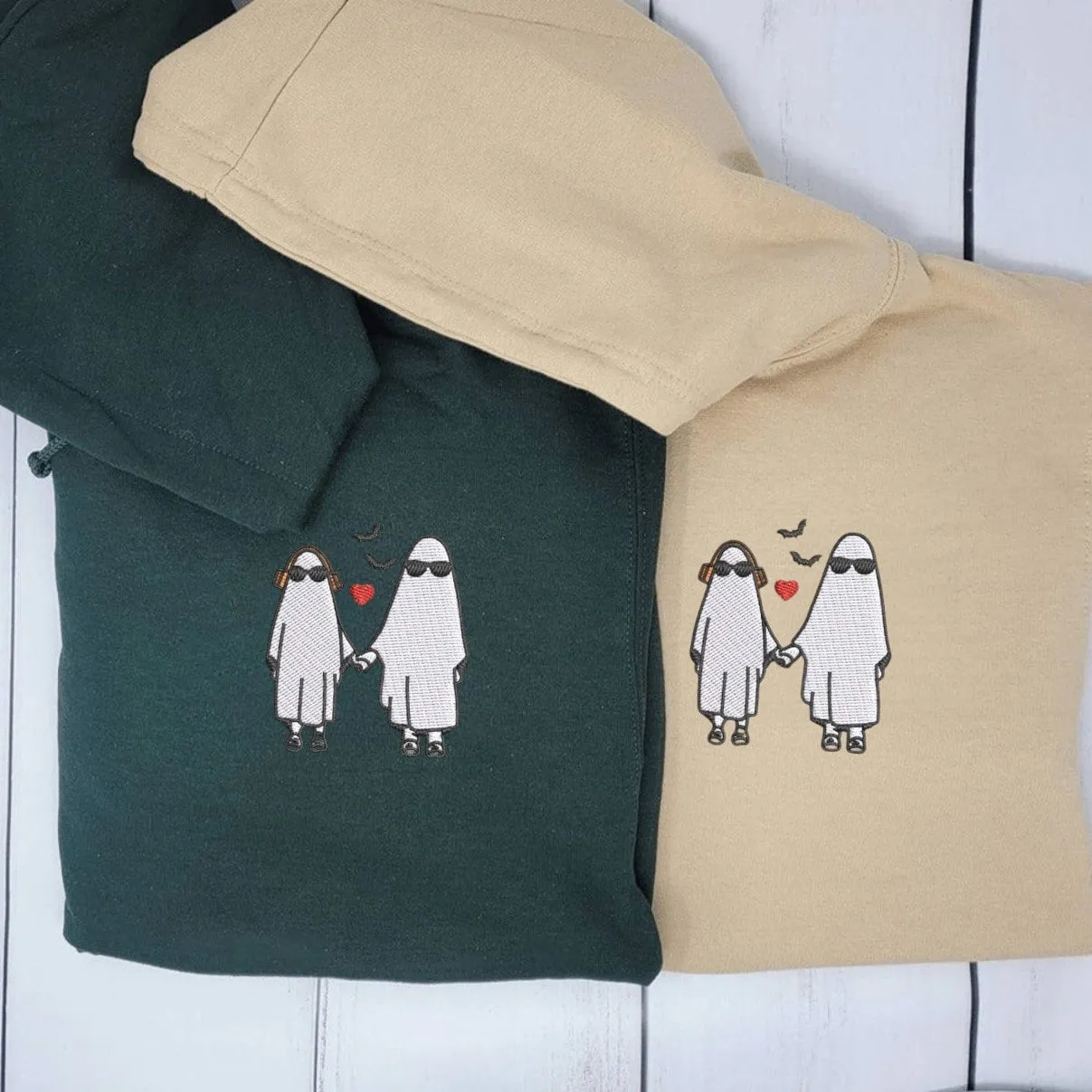 Adorable Ghost Couple Sweatshirts - Personalized Embroidered Hoodies For Couples