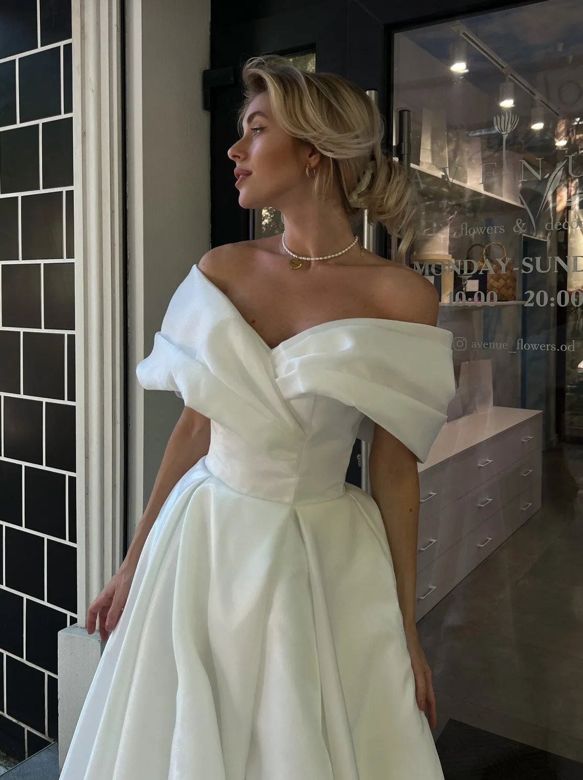 Bardot wedding dress in satin