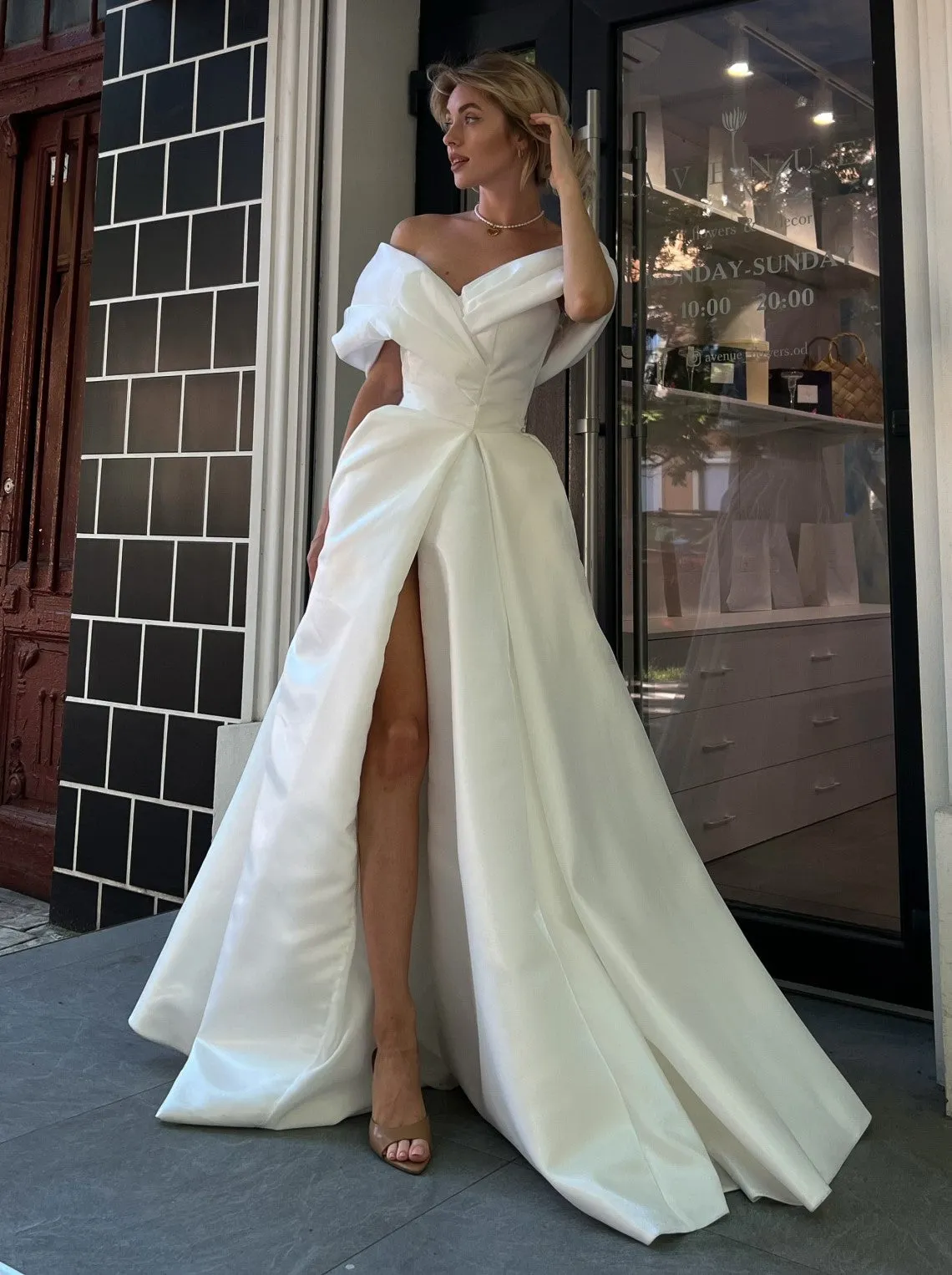 Bardot wedding dress in satin