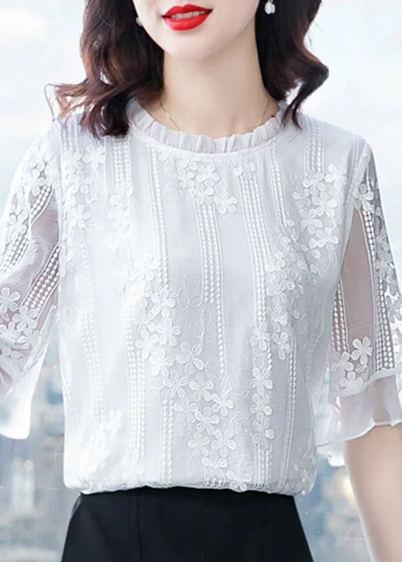 Beautiful White Ruffled Embroideried Patchwork Chiffon Blouse Tops Summer LY0434