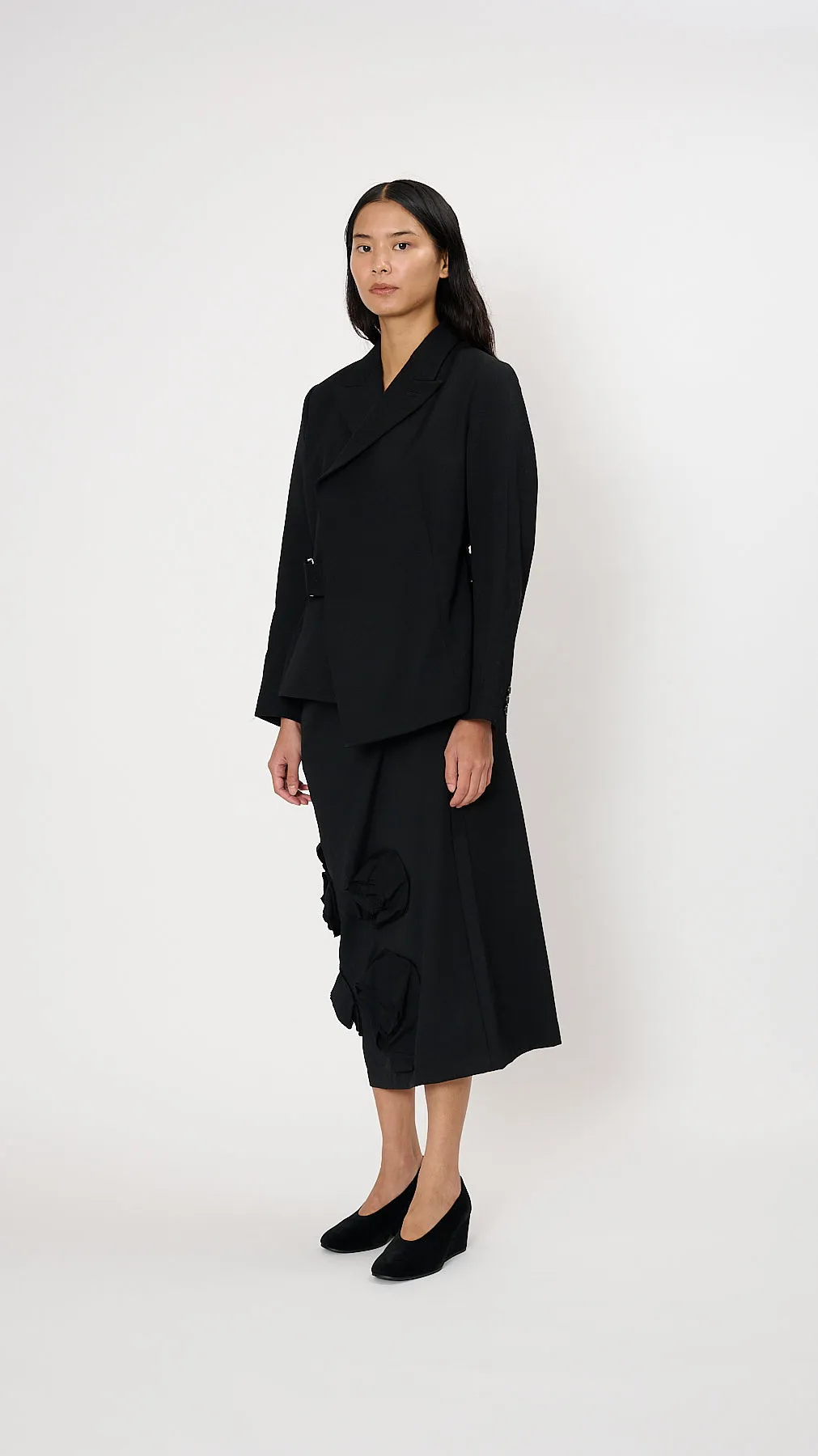 Belted Asymmetric Wool Blazer in Black