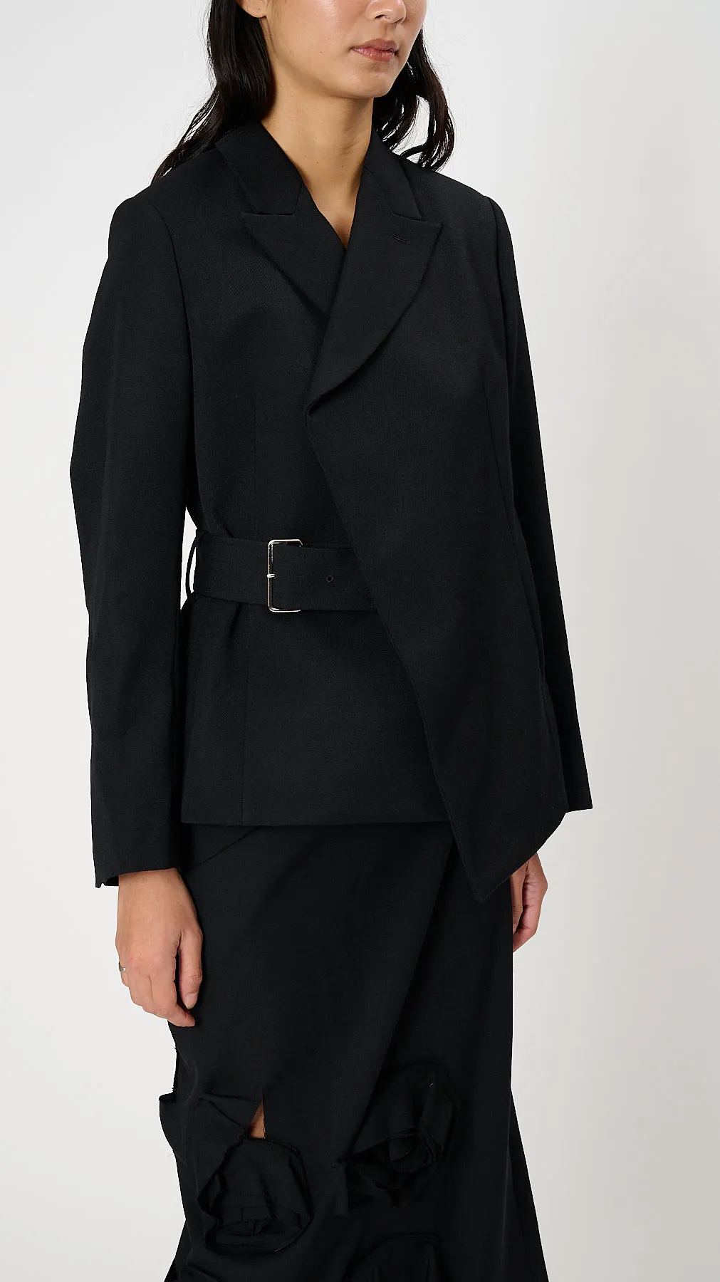 Belted Asymmetric Wool Blazer in Black