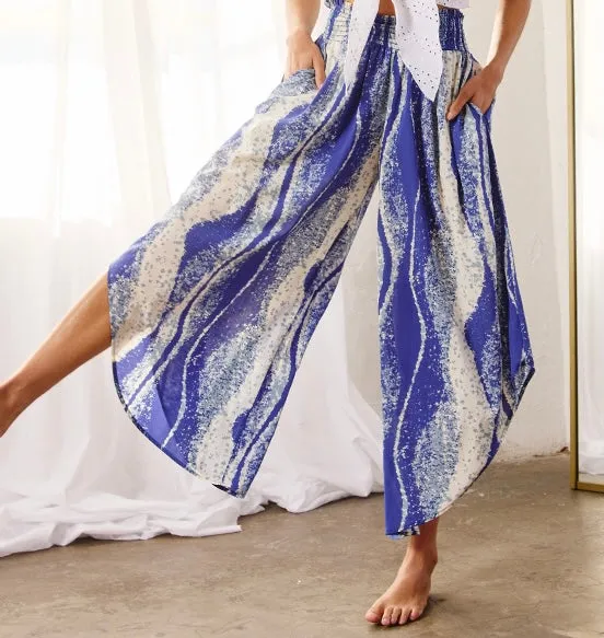 Blue Smocked Waistband Wide Leg Pants