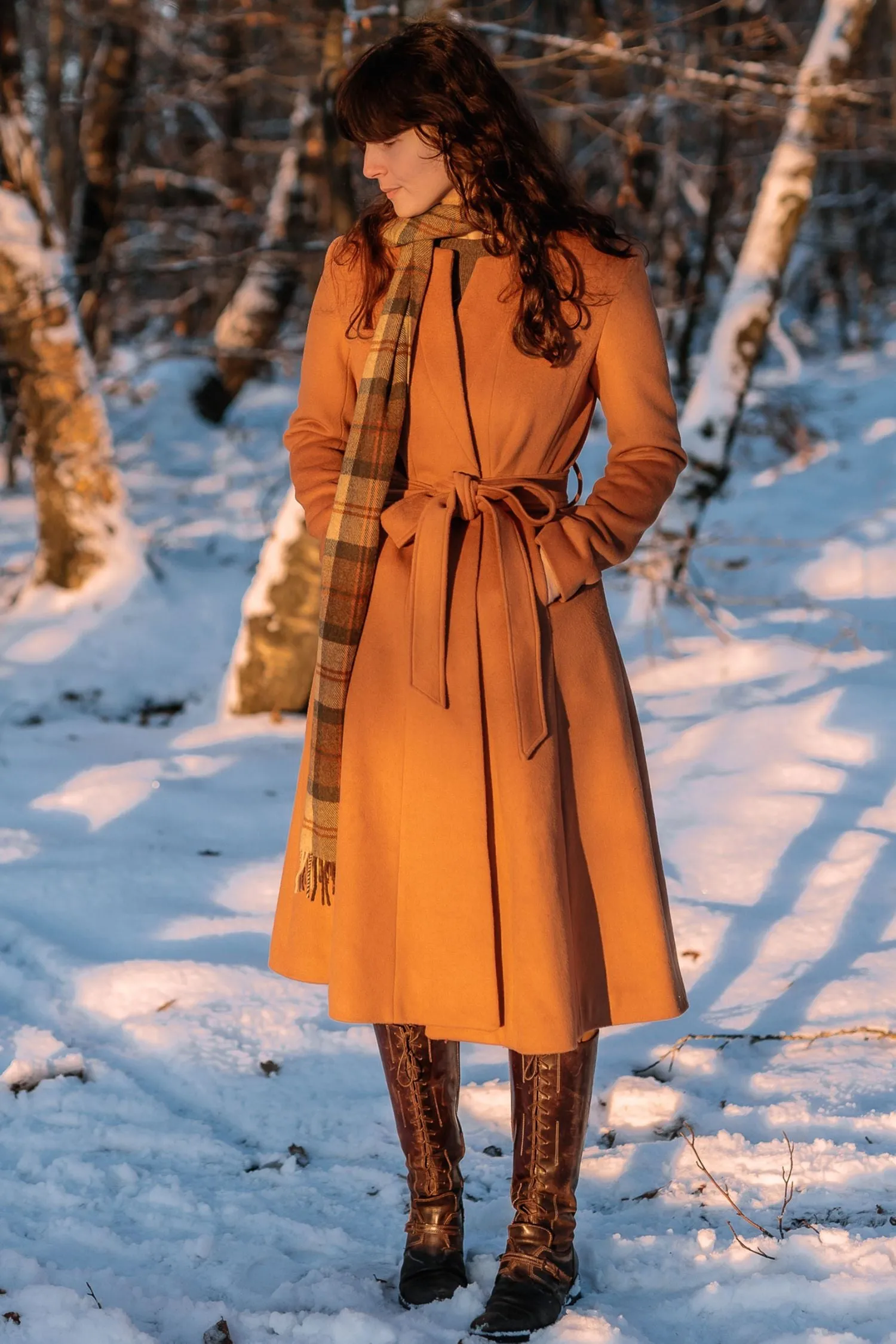 Brown long winter warm wool coat women C3808