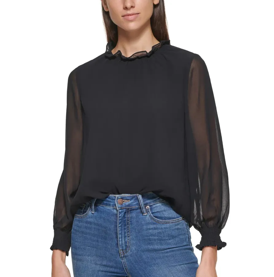 CALVIN KLEIN Long Sleeved Chiffon Blouse Top in Black