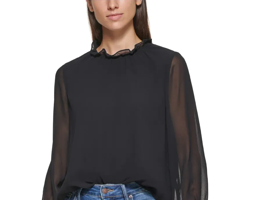 CALVIN KLEIN Long Sleeved Chiffon Blouse Top in Black