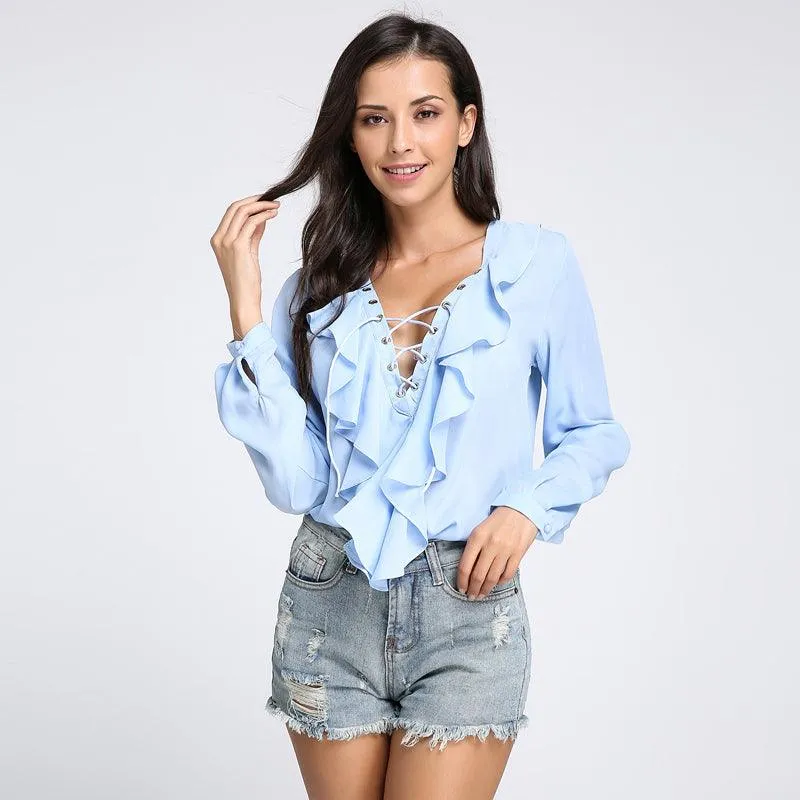 CHIFFON RUFFLED COLLAR LACE-UP TOP