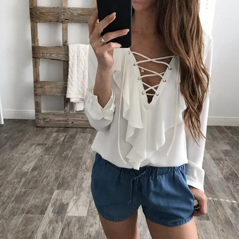 CHIFFON RUFFLED COLLAR LACE-UP TOP