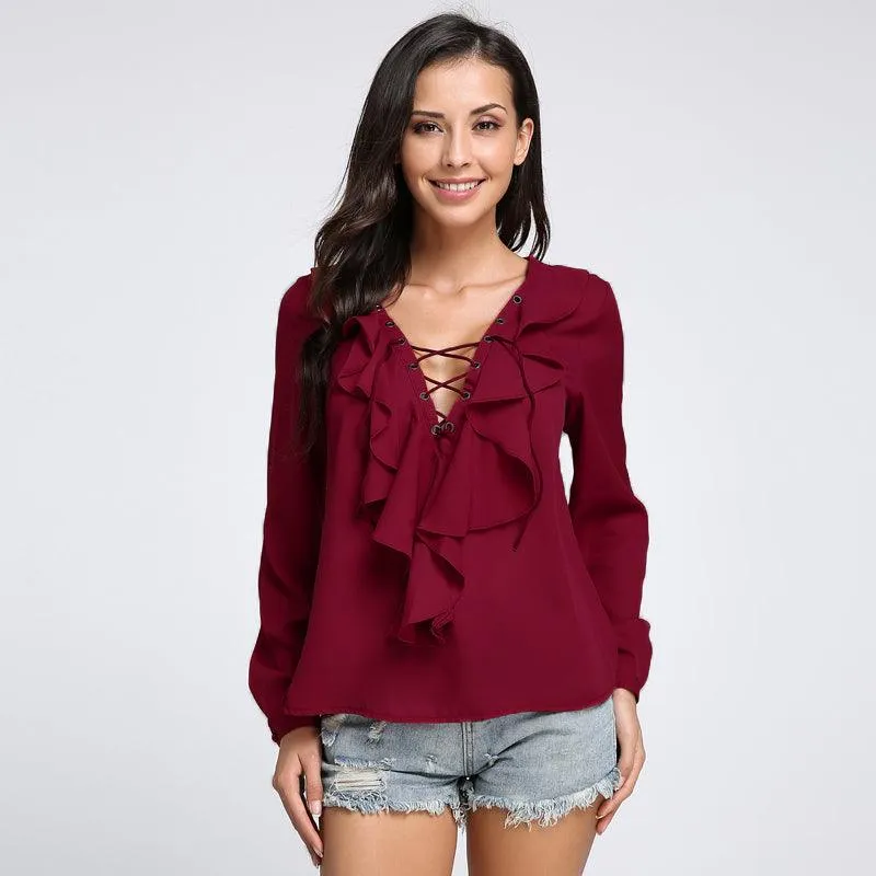 CHIFFON RUFFLED COLLAR LACE-UP TOP