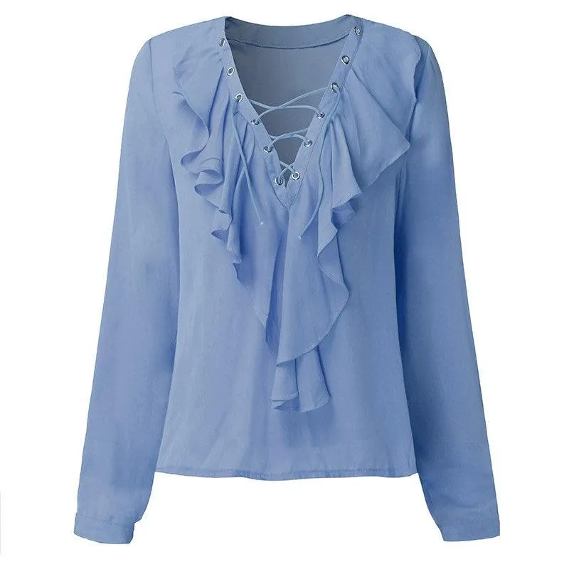 CHIFFON RUFFLED COLLAR LACE-UP TOP