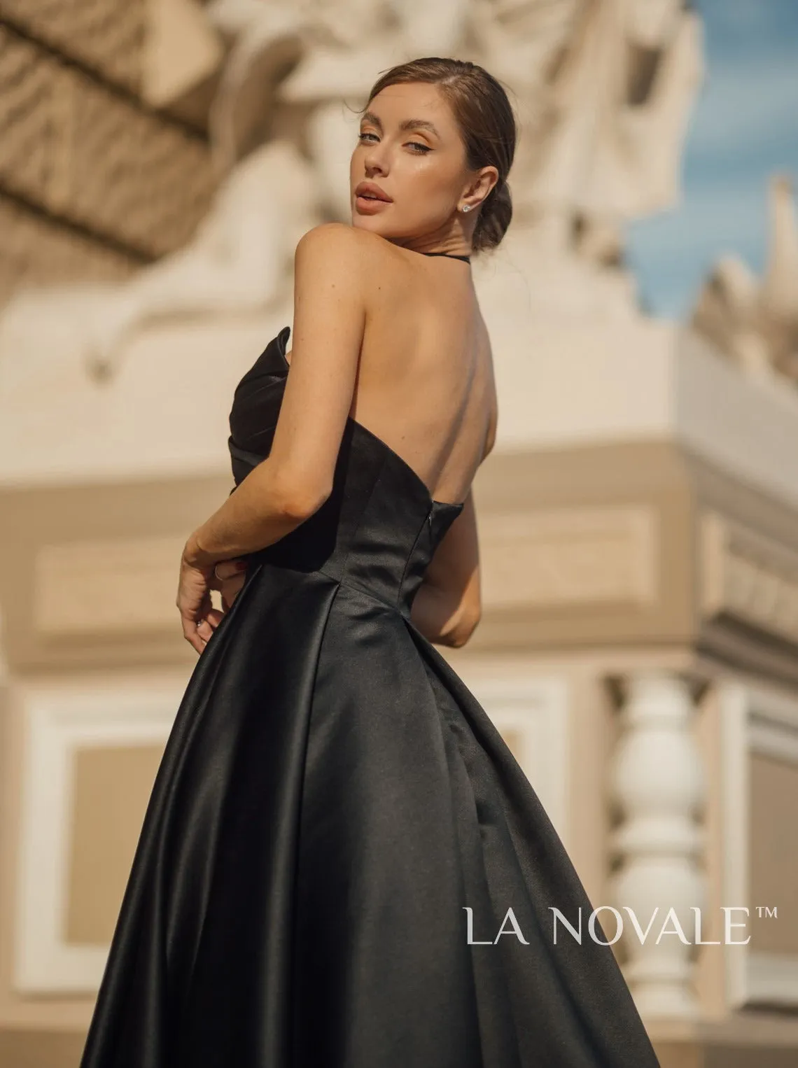 Clean lines satin bridal gown in black