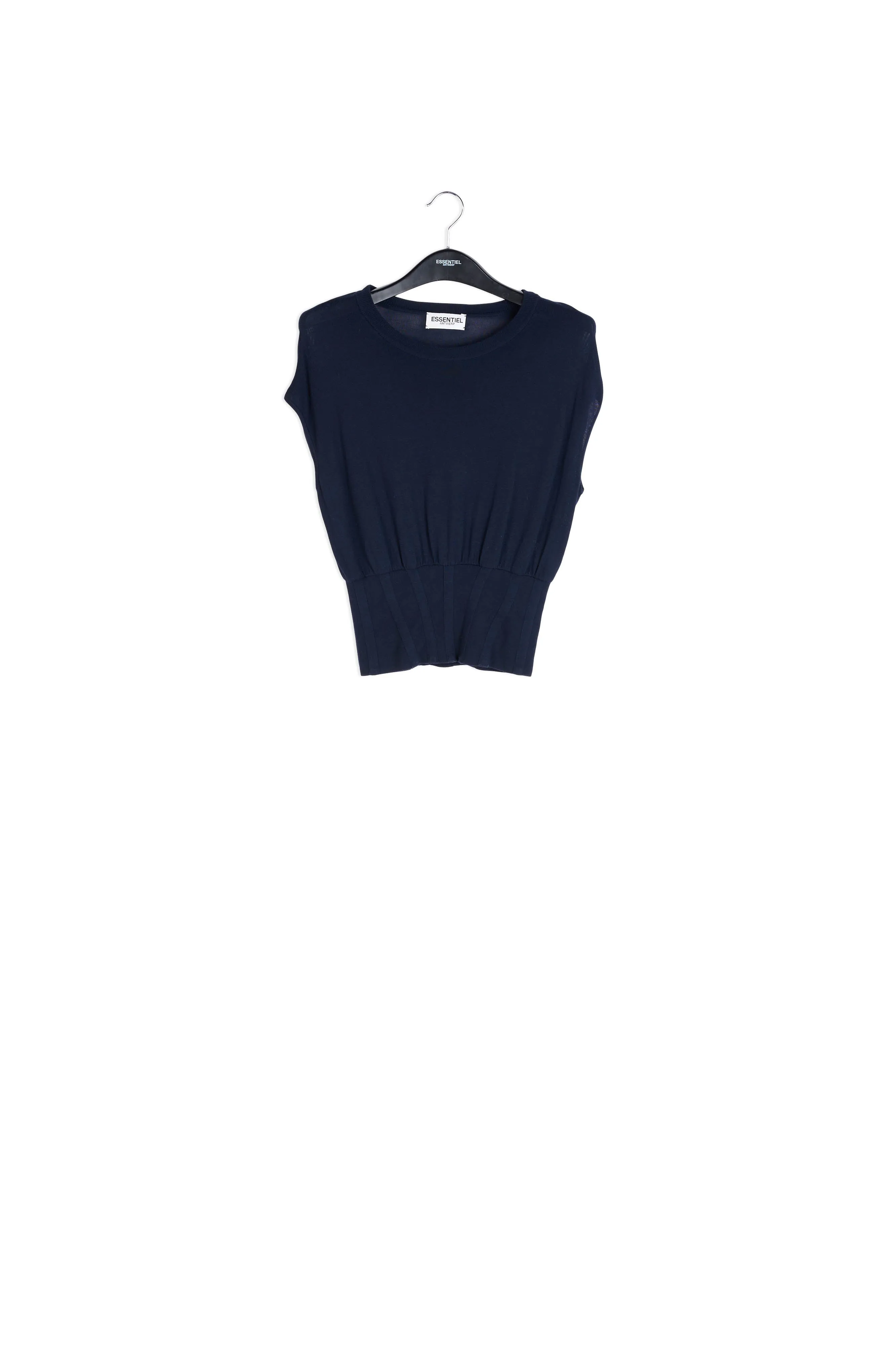 Dark blue sleeveless knitted top with fitted waist