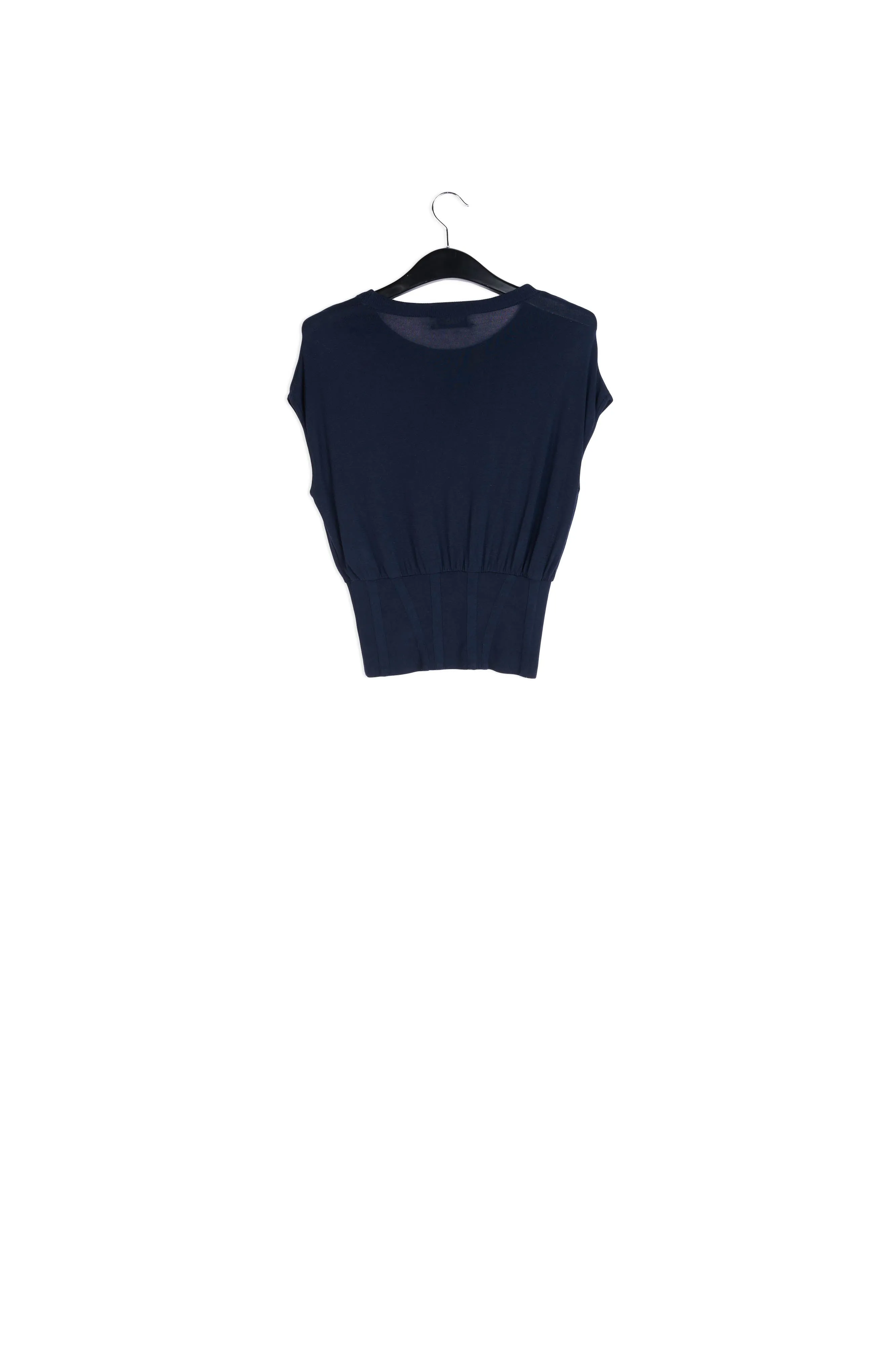 Dark blue sleeveless knitted top with fitted waist