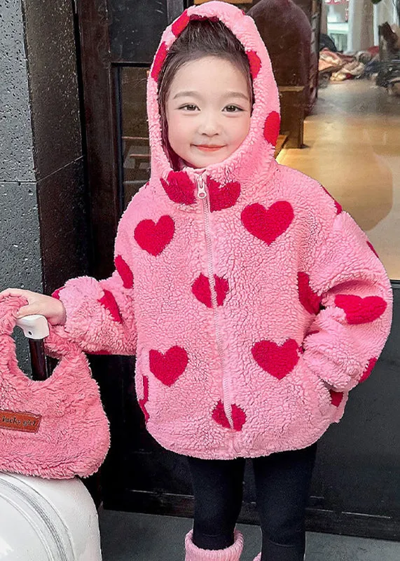 DIY Pink Love Print Faux Fur Girls Hooded Parka Winter WL018