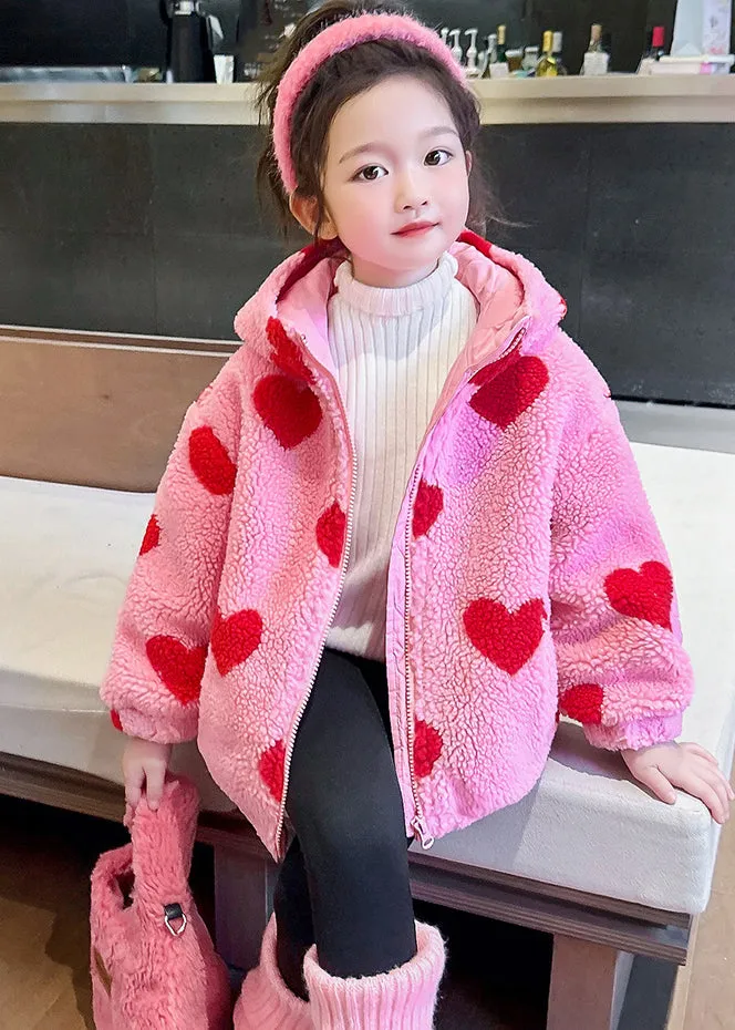 DIY Pink Love Print Faux Fur Girls Hooded Parka Winter WL018