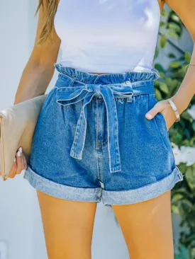 Elastic Waist Bow Slim Denim Shorts