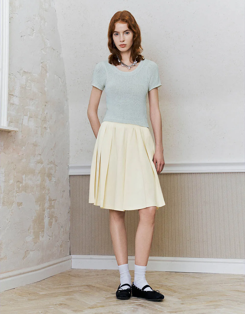 Elastic Waist Midi A-Line Knitted Skirt