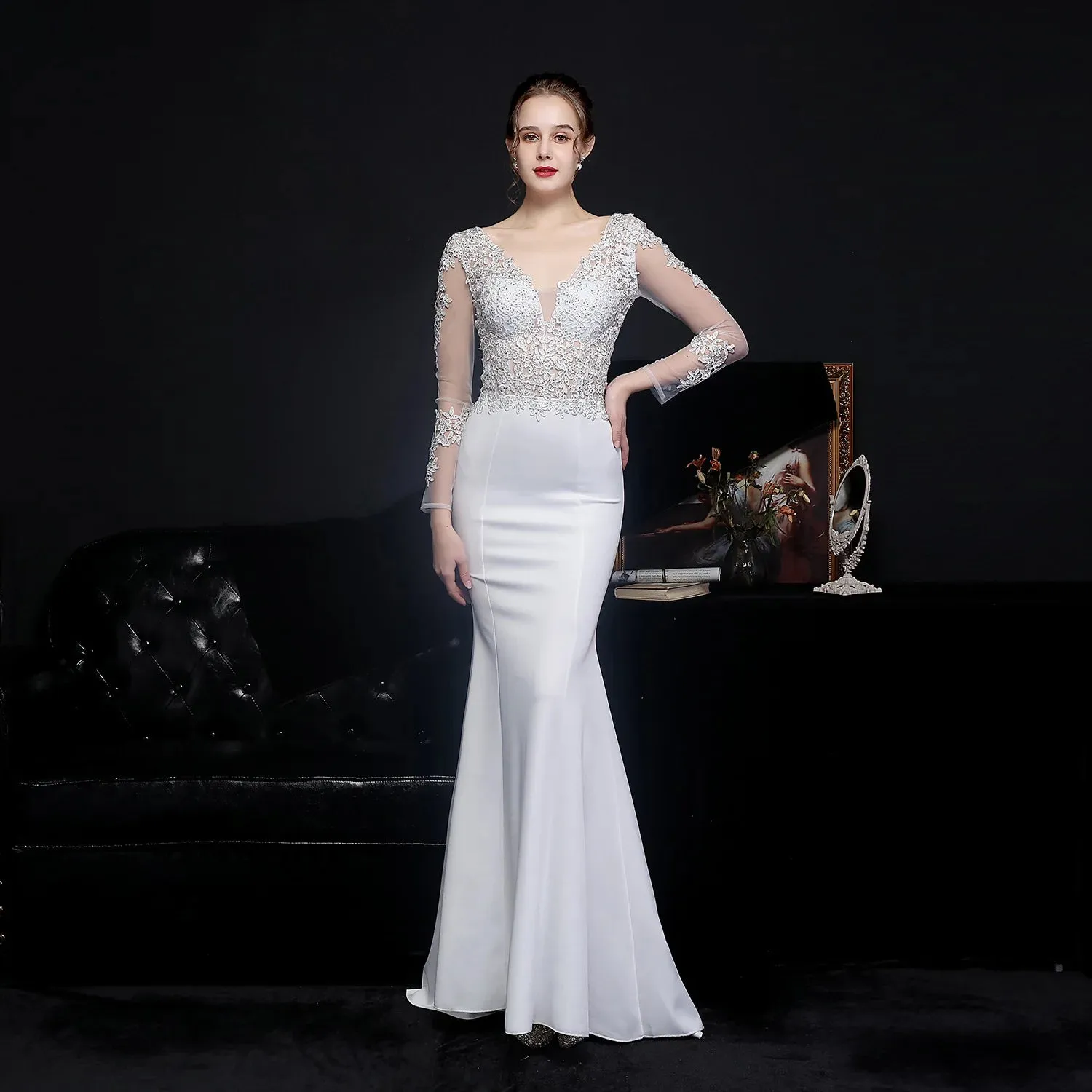 Elegant Long Sleeve Satin Dress Mermaid Gown for Winter Weddings