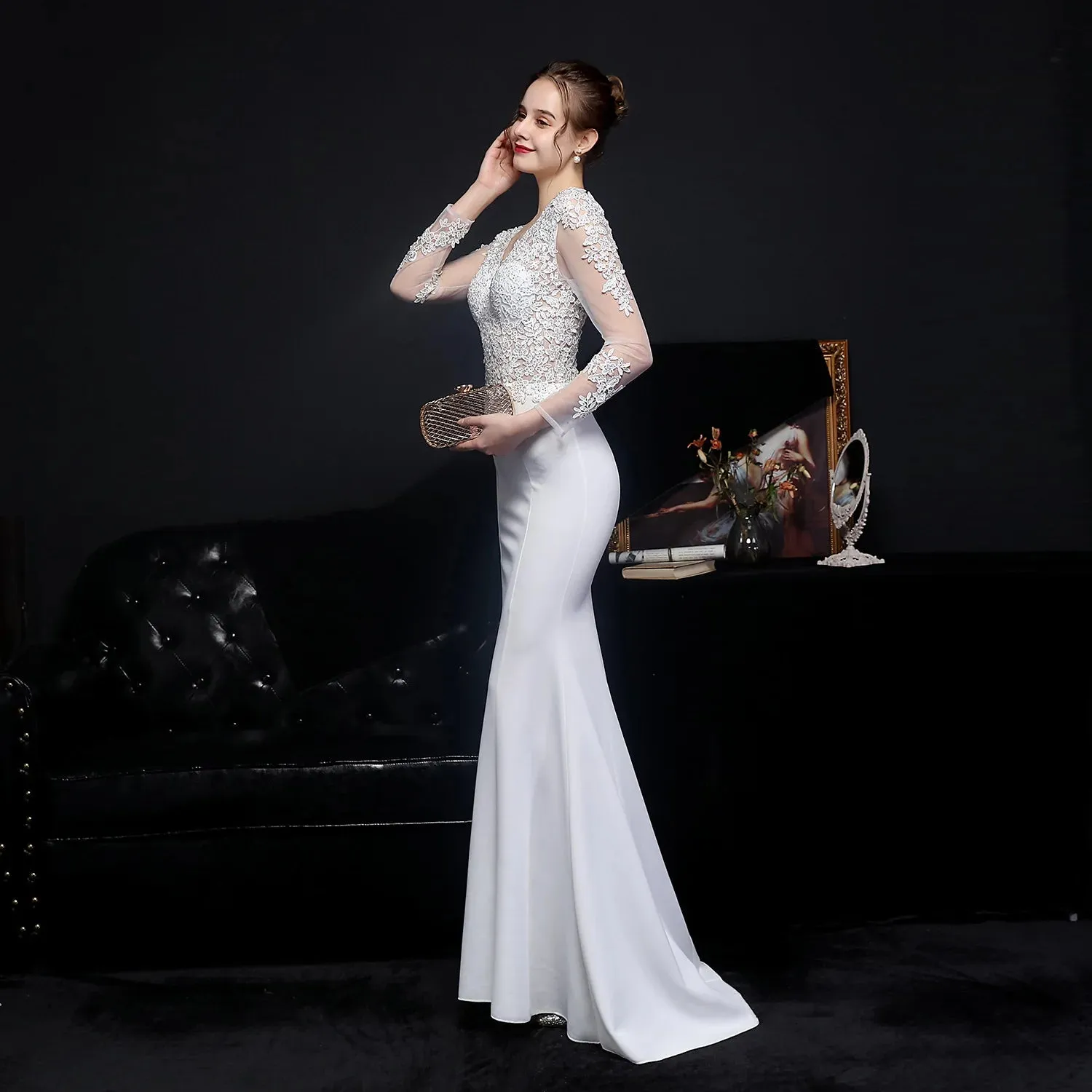 Elegant Long Sleeve Satin Dress Mermaid Gown for Winter Weddings