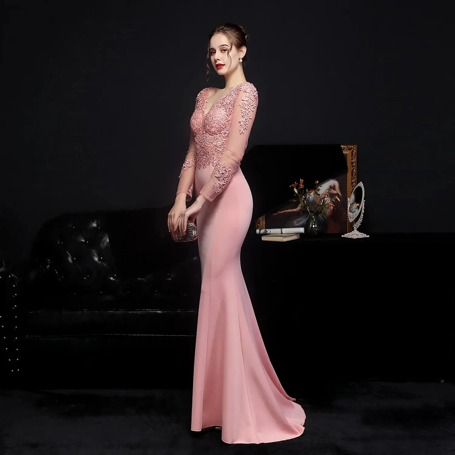 Elegant Long Sleeve Satin Dress Mermaid Gown for Winter Weddings