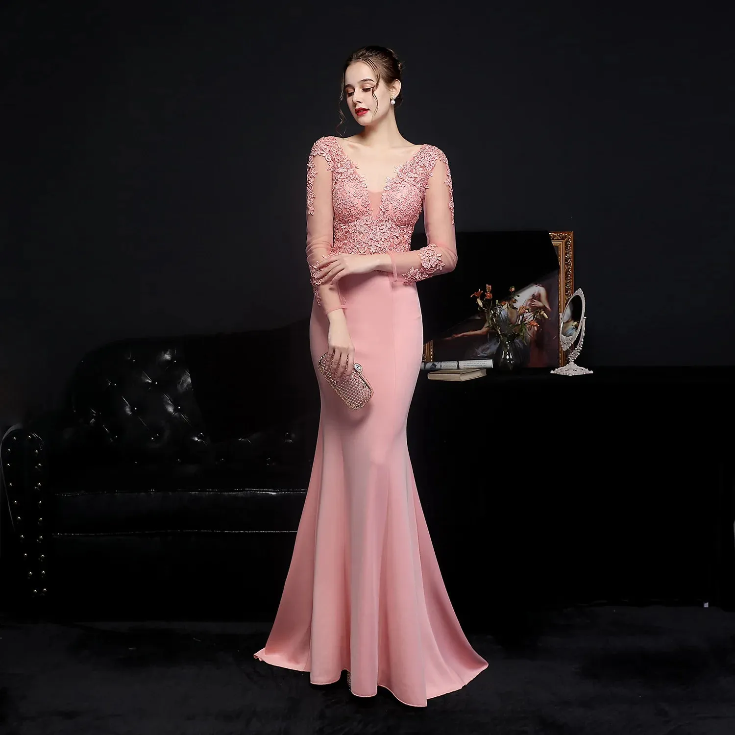 Elegant Long Sleeve Satin Dress Mermaid Gown for Winter Weddings