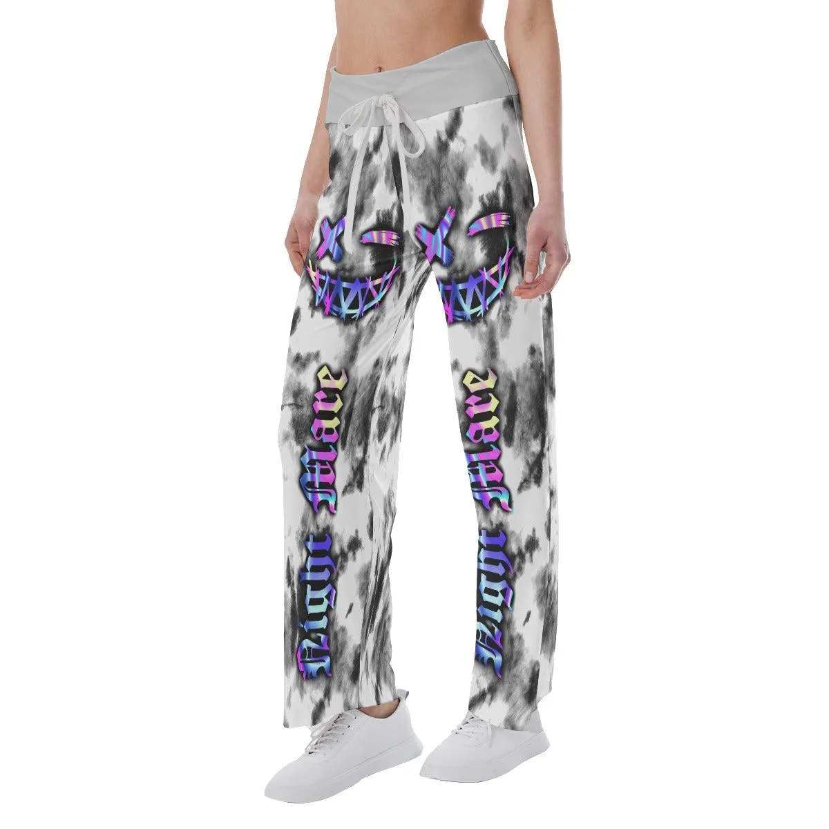 Face Smile Tiedye Gray White High-waisted Wide Leg Pants