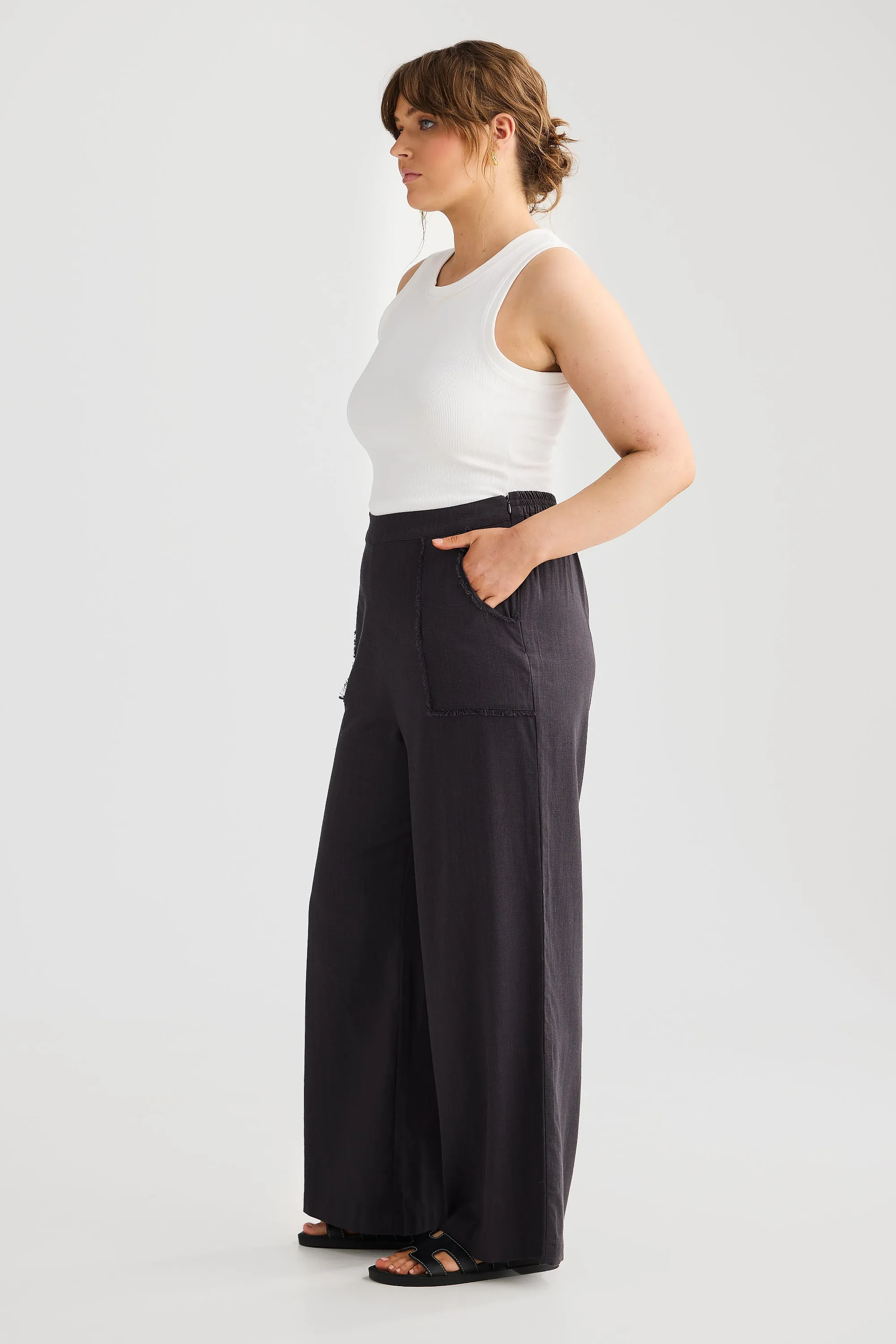 Fray Wide Leg Pants - Charcoal