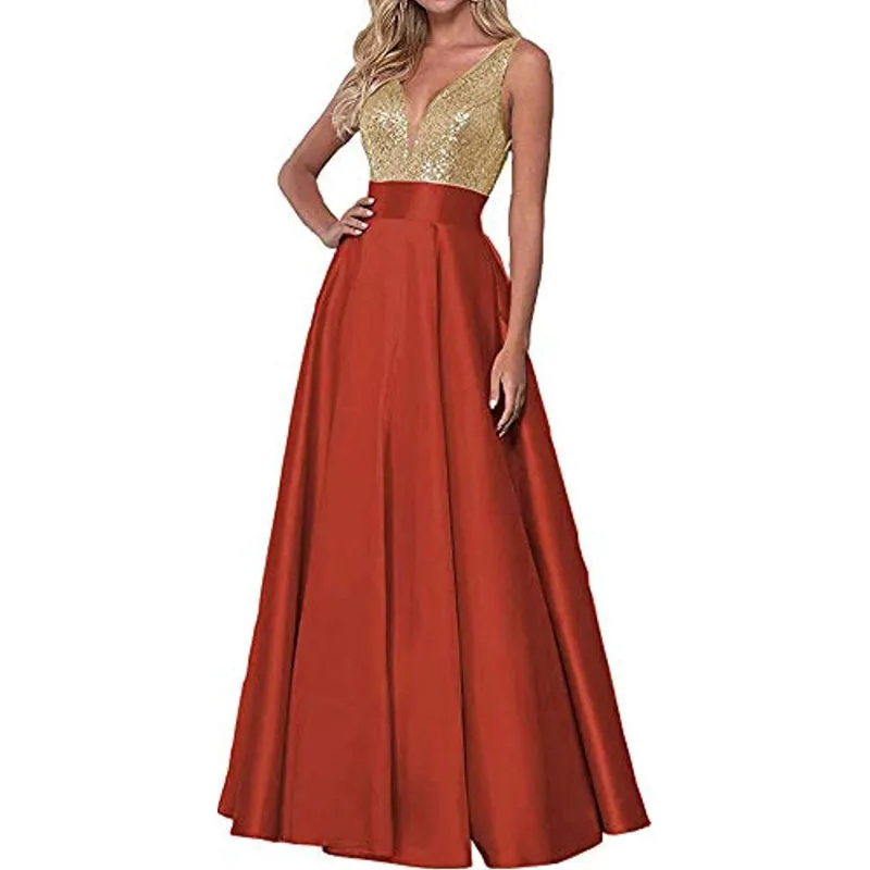 Funki Buys | Dresses | Women's Sequin Satin Evening Dress