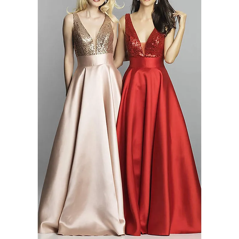 Funki Buys | Dresses | Women's Sequin Satin Evening Dress