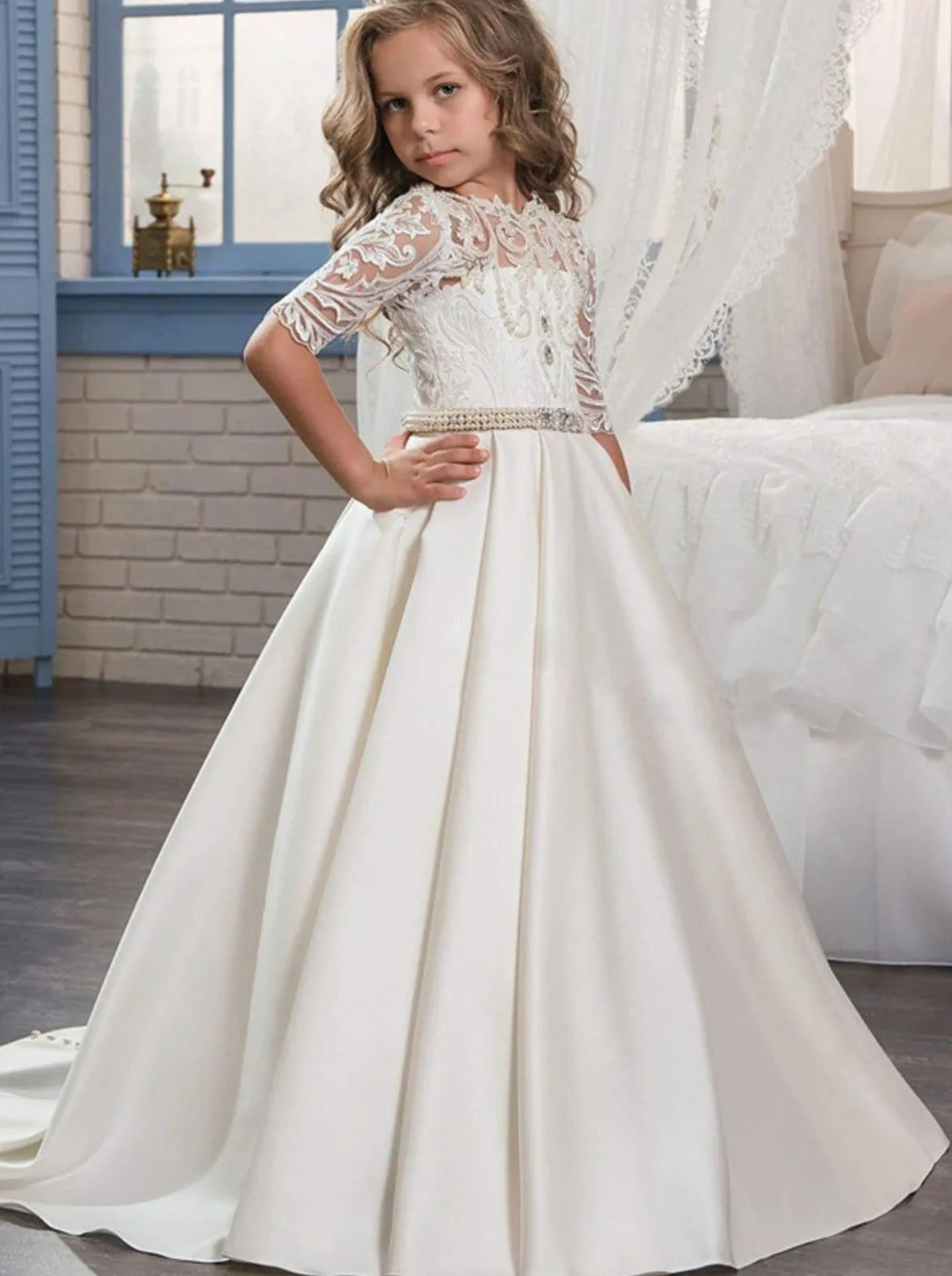 Girls Pearl Embellished Crochet Communion Gown