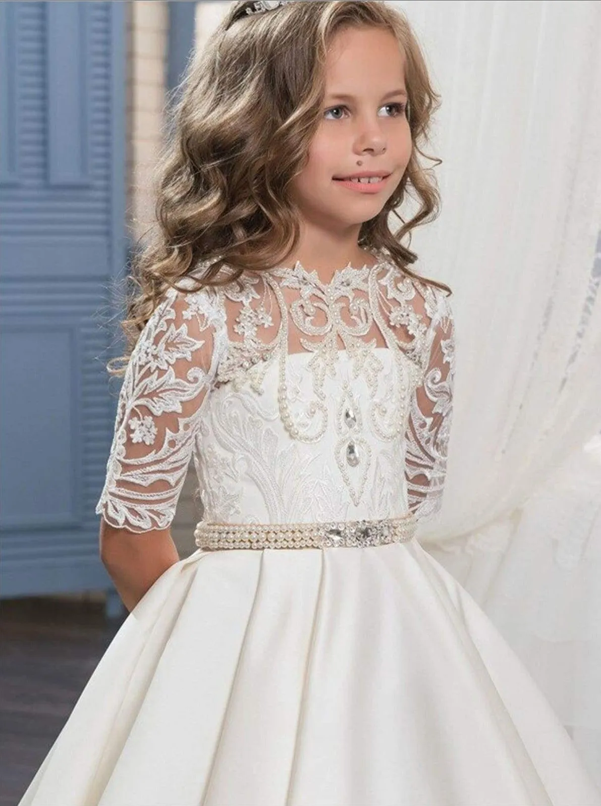 Girls Pearl Embellished Crochet Communion Gown