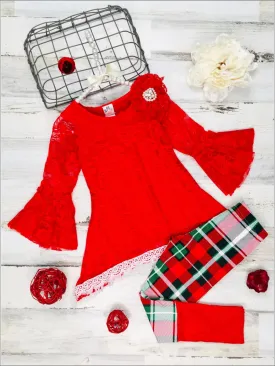 Girls Red Lace Boho Ruffled Sleeve Tunic with Cuffed Plaid Legging Set