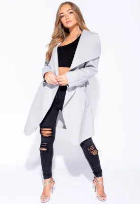 Grey Onesize Waterfall Collar Belted Duster Coat