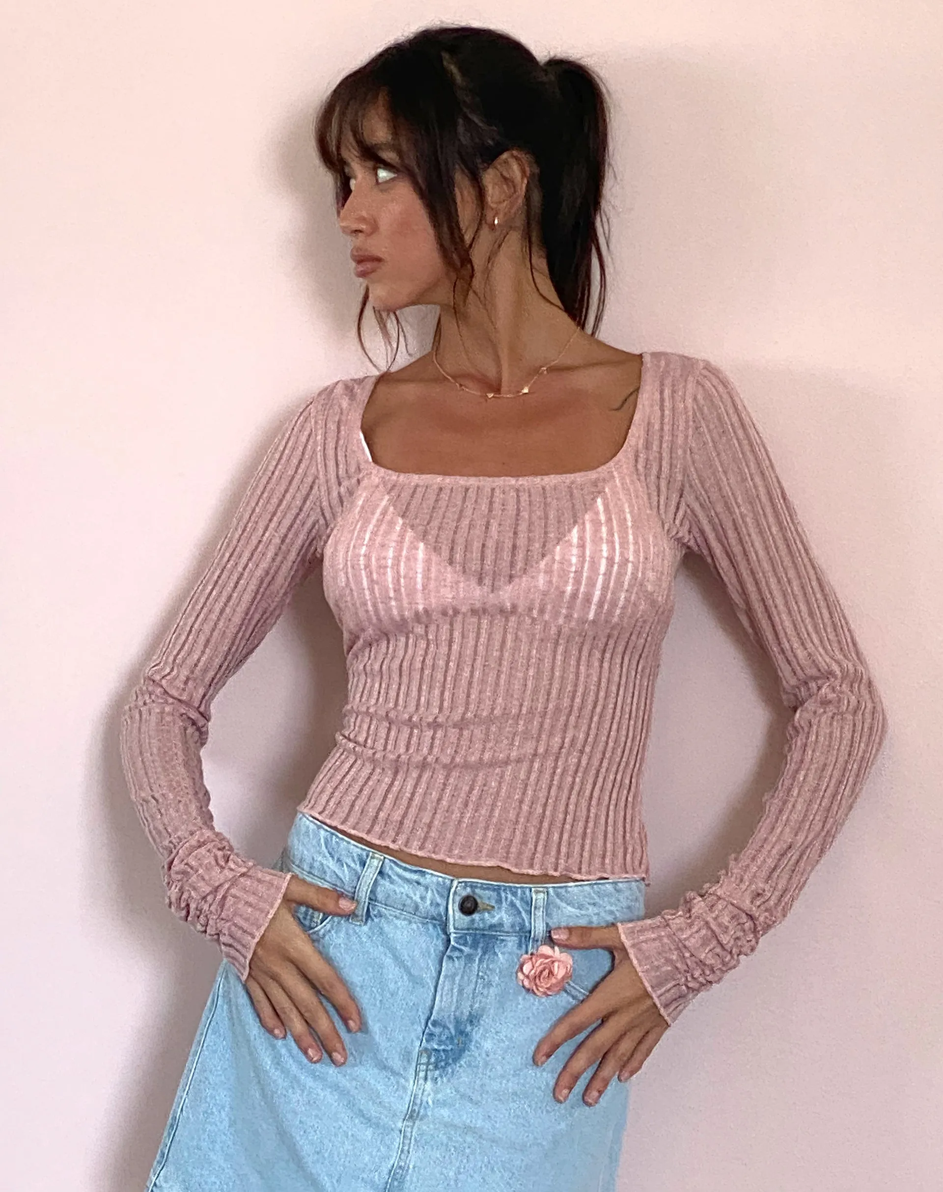 Halsey Knitted Extra Long Sleeve Top in Pink