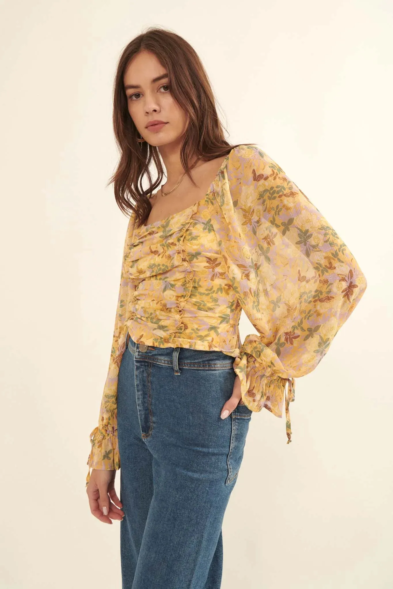 Heart of Gold Ruffled Floral Chiffon Blouse