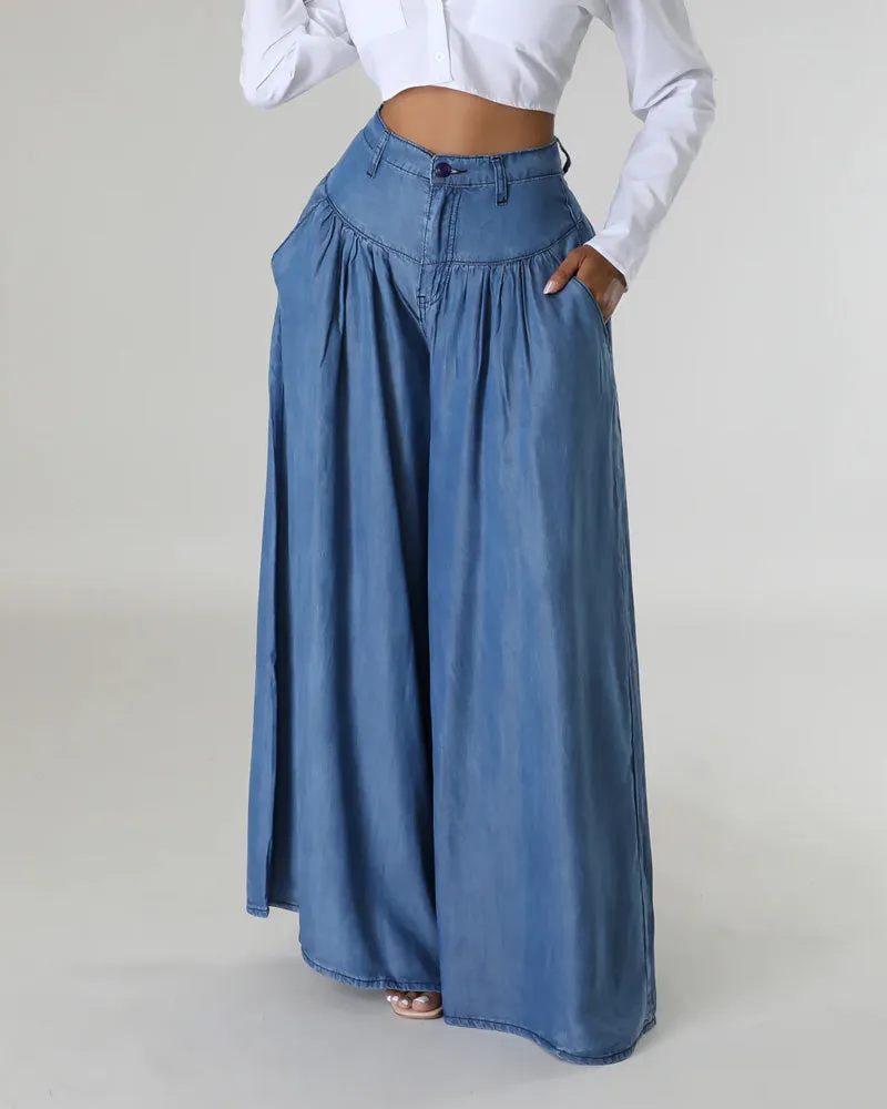 High Waist Wide Leg Denim Women Pants Casual Floor Loose Spring Skirt Trousers