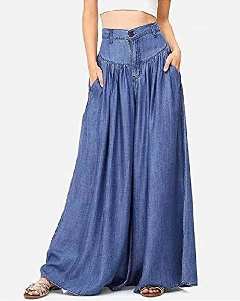 High Waist Wide Leg Denim Women Pants Casual Floor Loose Spring Skirt Trousers