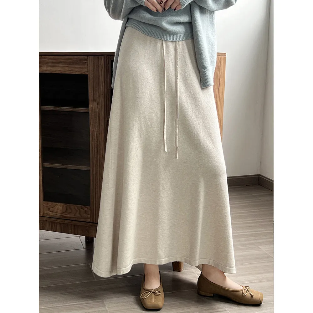 Korean All Match Knitted Skirt Autumn High Waist Drawstring Drape A line Skirt