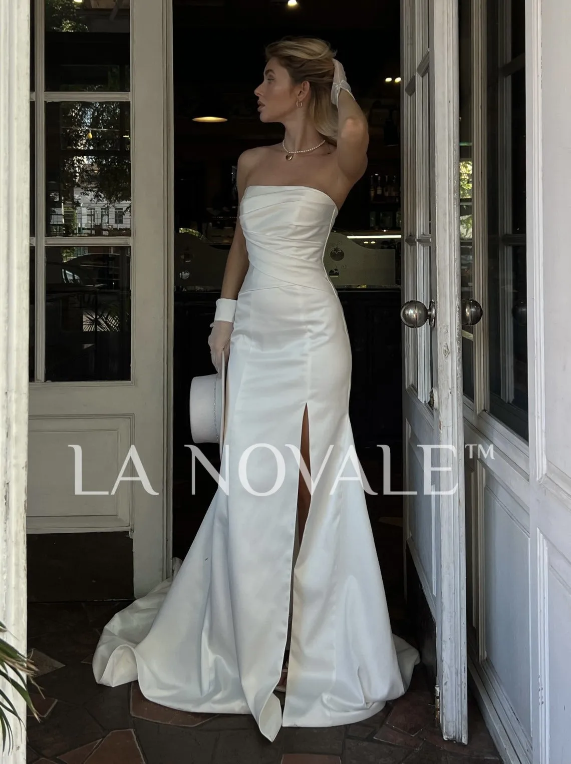 lace up bandeau strapless bridal gown in satin