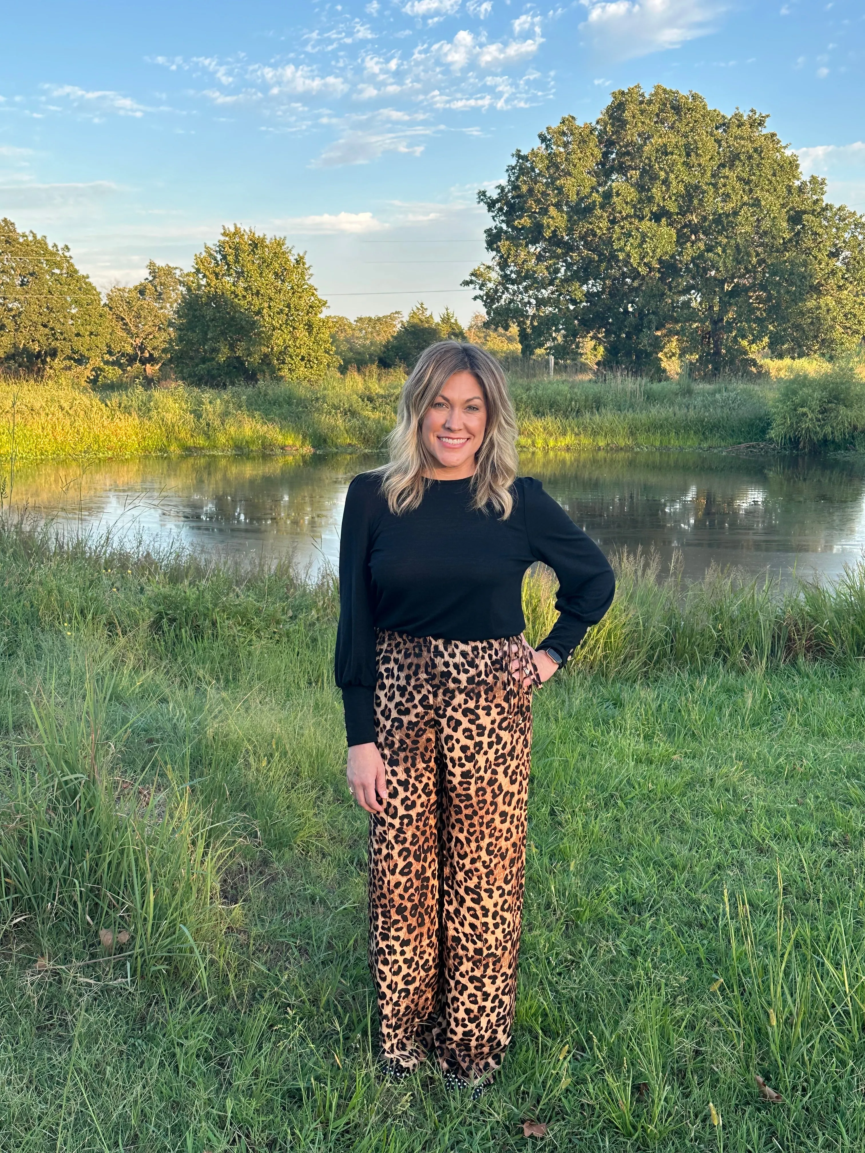 Leopard Print High Waisted Bottoms w/ Self Tie & Pockets