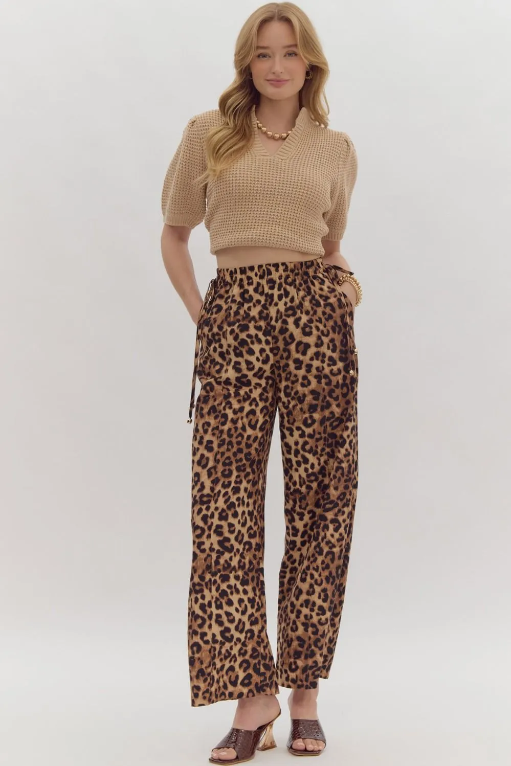 Leopard Print High Waisted Bottoms w/ Self Tie & Pockets