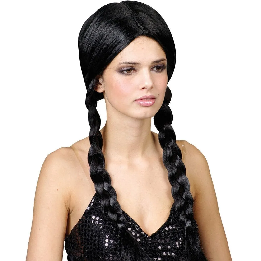 Long Black Braided Pigtails  School Girl Fancy Dress Party Wig