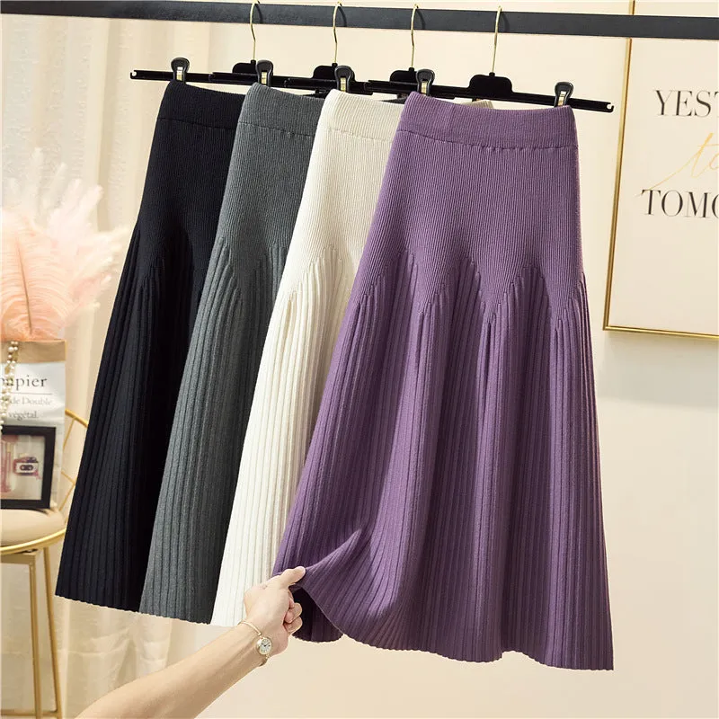 Luexco Mid-length A-line Ribbed Knitted Pleated Skirt