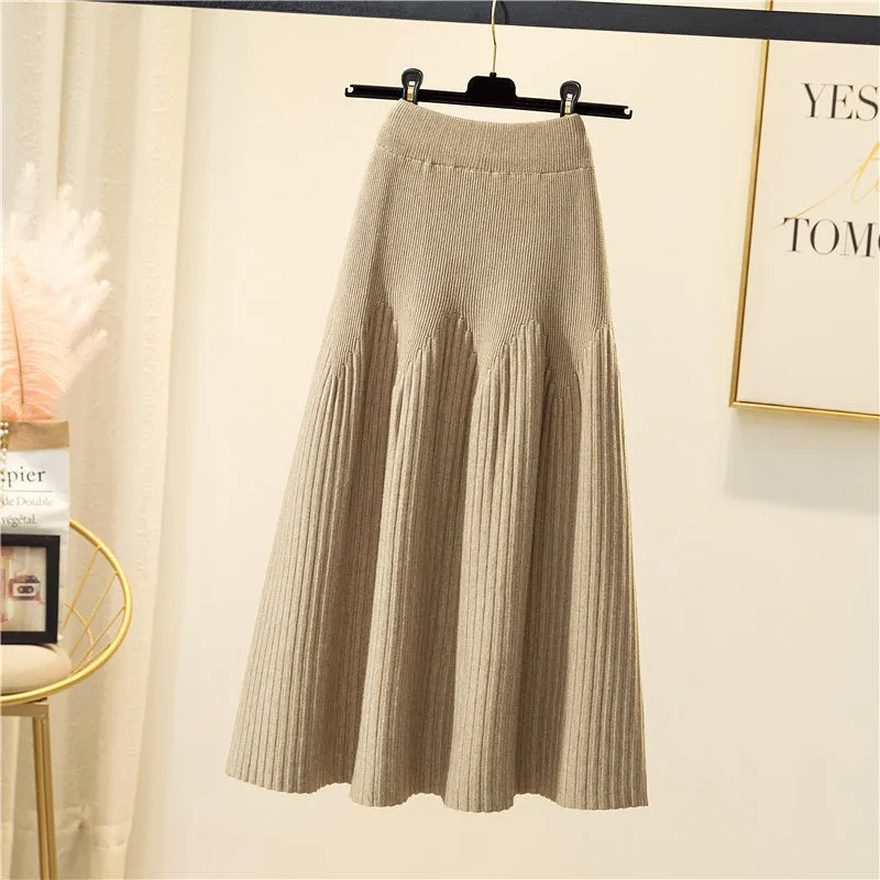 Luexco Mid-length A-line Ribbed Knitted Pleated Skirt