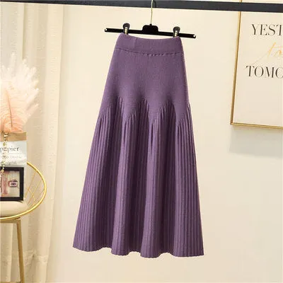 Luexco Mid-length A-line Ribbed Knitted Pleated Skirt