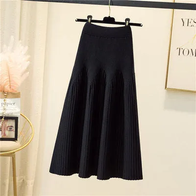 Luexco Mid-length A-line Ribbed Knitted Pleated Skirt