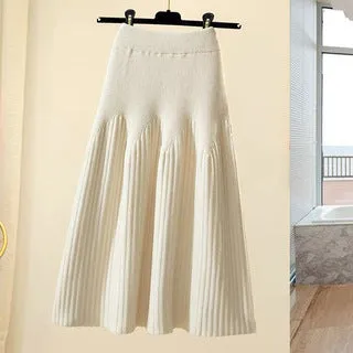 Luexco Mid-length A-line Ribbed Knitted Pleated Skirt