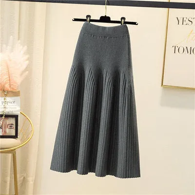 Luexco Mid-length A-line Ribbed Knitted Pleated Skirt