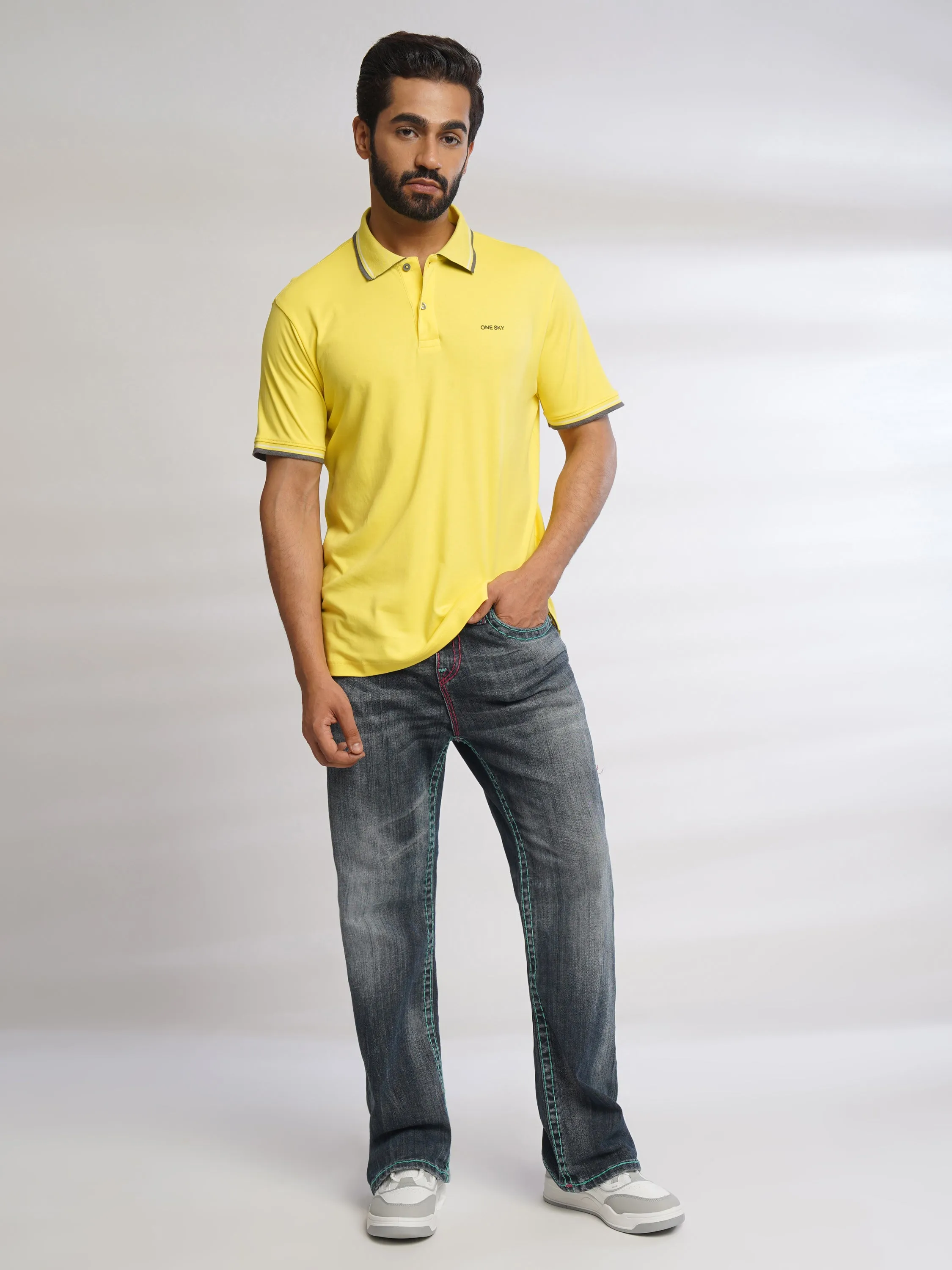 Men Pop Yellow Solid Cotton Polo T-Shirt